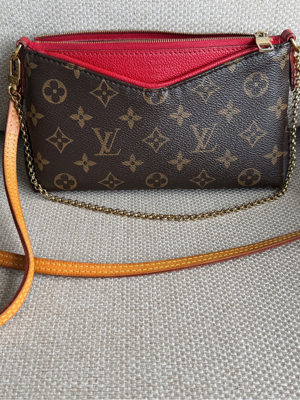 Louis Vuitton Monogram Crossbody Pochette in Brown with Red Accent and Tan Strap